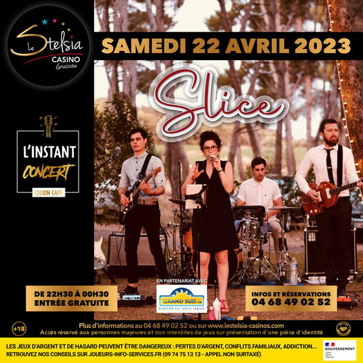 19-04-2023 : Pierre Adrien du groupe SLICE en concert à l’Édison Café du Stelsia Casino de Gruissan ce samedi à 22h30.