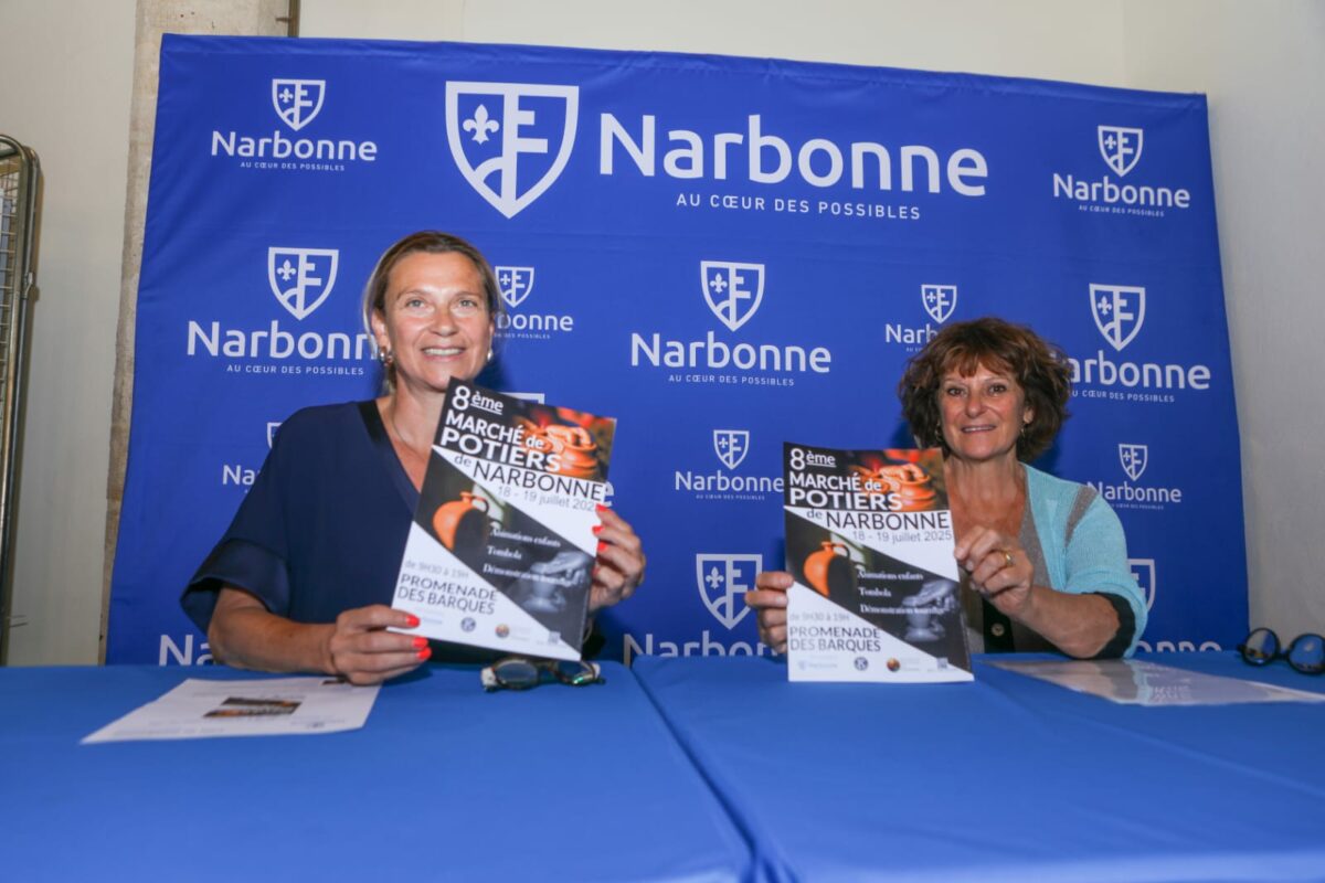 16-07-25 : Sylvie COUSIN, adjointe au maire de Narbonne déléguée à l’attractivité commerciale, aux commerces non sédentaires et aux halles et Anne-Marie PIOMBO, céramiste