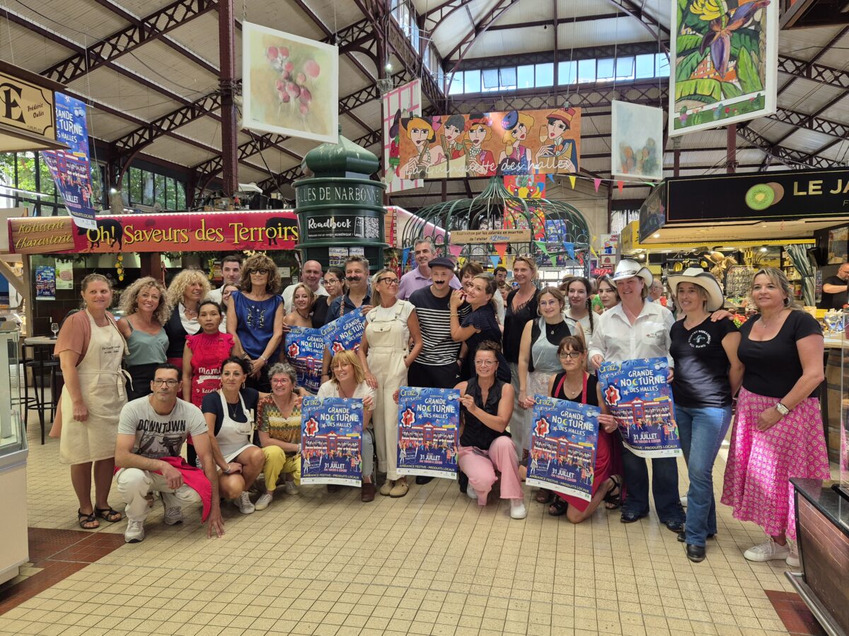 30-07-25 : Sylvie COUSIN, élue à la Ville de Narbonne, Ingrid GAU, Axel CLANET, co-présidents de l’Association des Halles de Narbonne & Stéphane ROMAIN, chargé de communication aux Halles de Narbonne