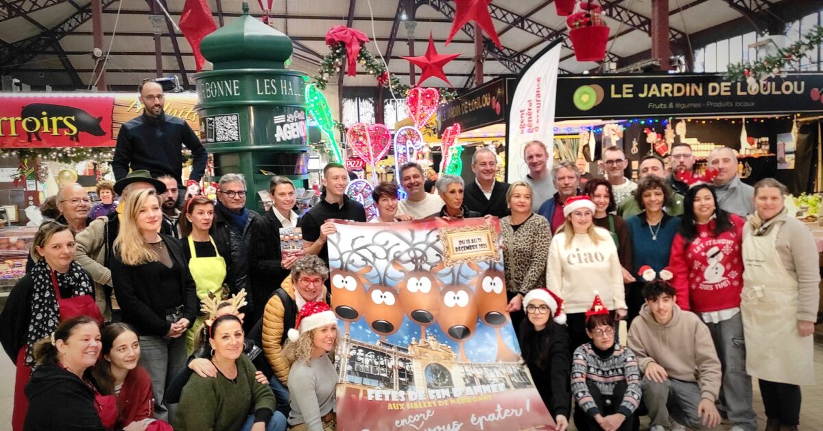 17-12-25 : Bertrand MALQUIER, maire de Narbonne & Ingrid GAU & Axel CLANET, co-présidents de l’Association des Halles de Narbonne & Stéphane ROMAIN, chargé de communication des Halles